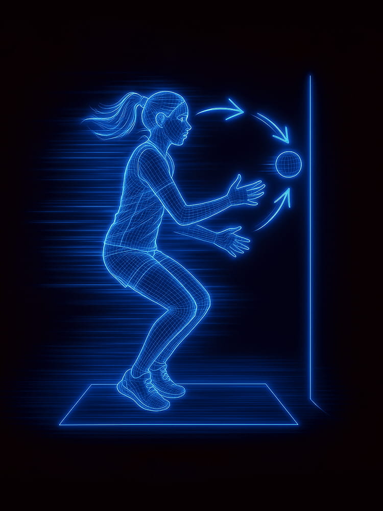 A neon wireframe illustration of a young female athlete throwing and catching a ball in a hand-eye coordination test