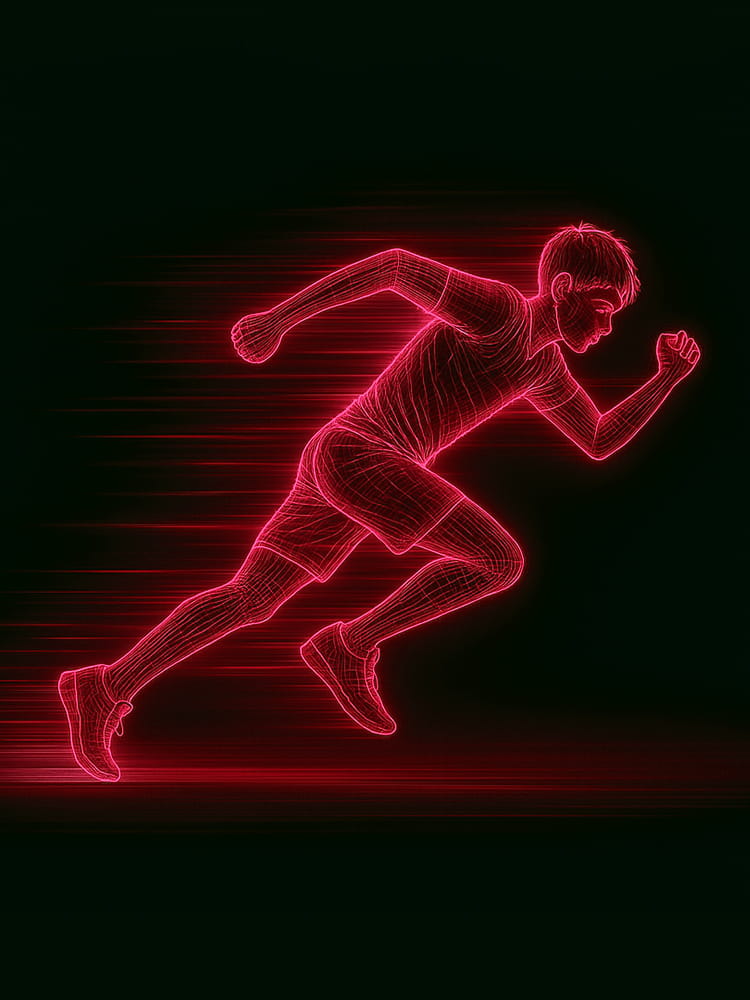 A neon wireframe illustration of a young male athlete performing an acceleration test