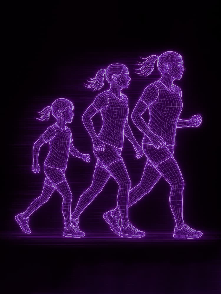 A neon wireframe illustration of a young female athlete shown across 3 stages of physical development illustrating the adolescent growth spurt