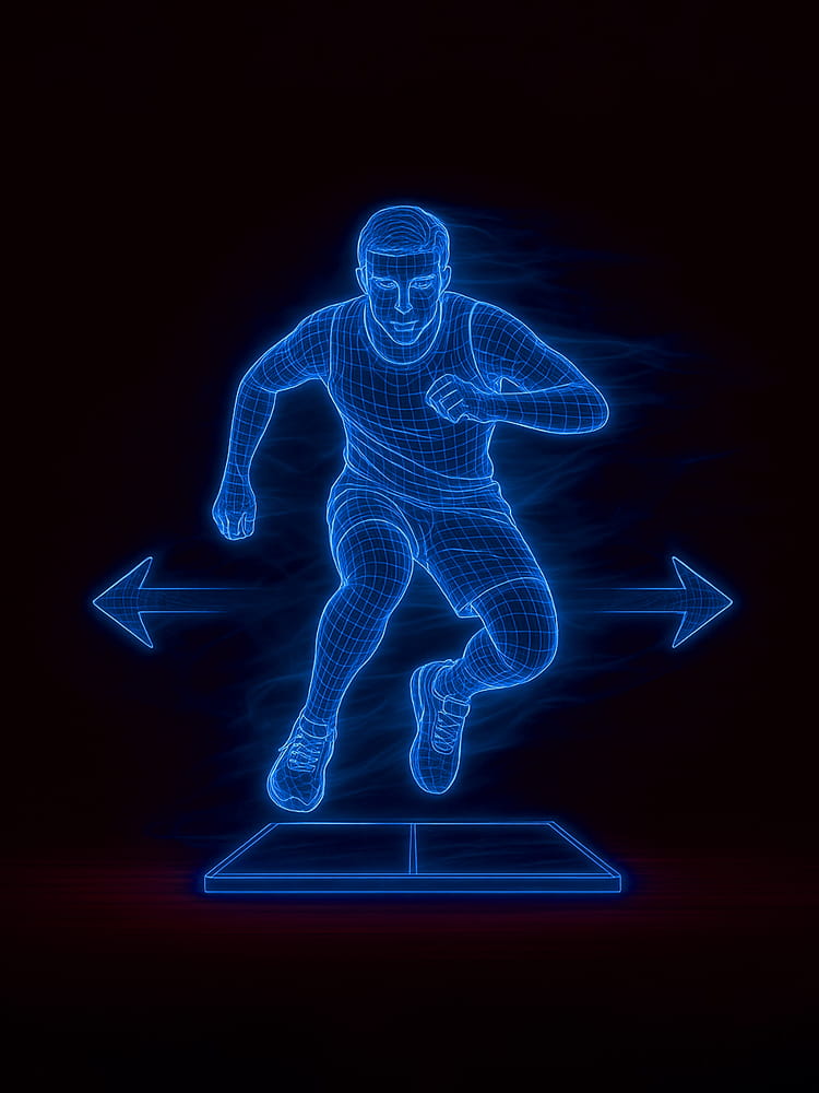 A neon wireframe illustration of a young male athlete jumping side to side on a designated surface performing a motor skill test