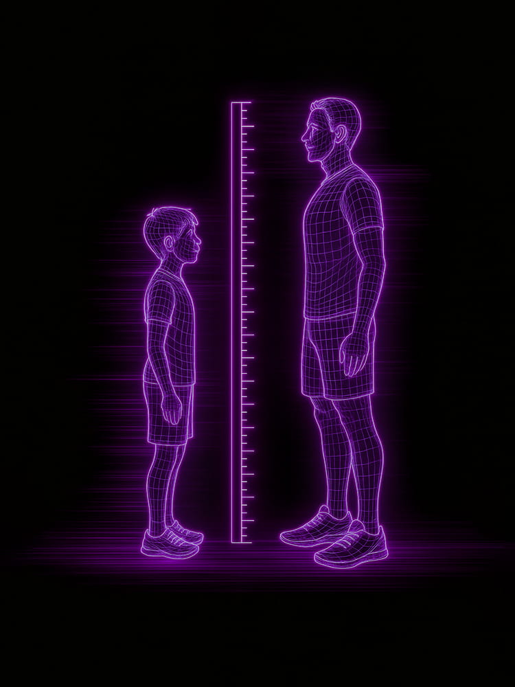 A neon wireframe illustration of a young male athlete and his fully developed version standing face to face with a tape measure in the middle