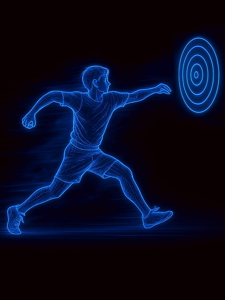 A neon wireframe illustration of a young male athlete throwing a ball towards a target in order to perform a throwing accuracy test
