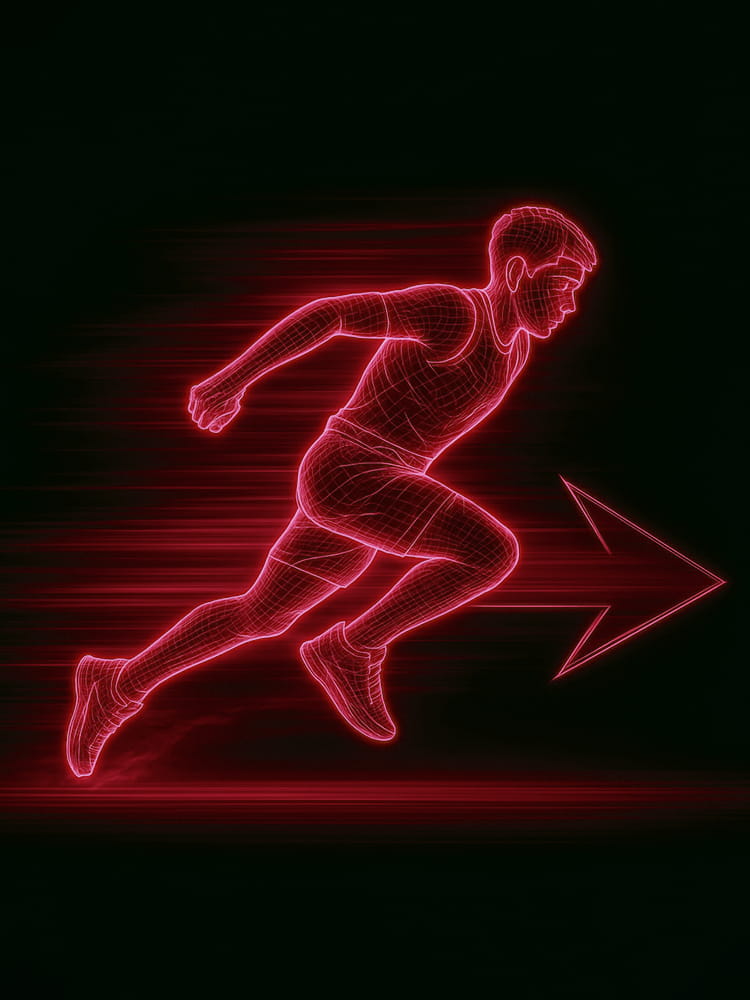A neon wireframe illustration of a young male athlete performing an athletic power test jumping forward with both legs