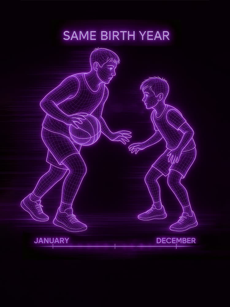 A neon wireframe illustration of two male athletes born in the same year but at different stages of physical development, illustrating the Relative Age Effect in youth sports