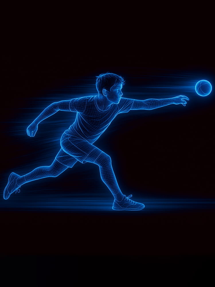 A neon wireframe illustration of a young male athlete throwing a ball as fast as he can