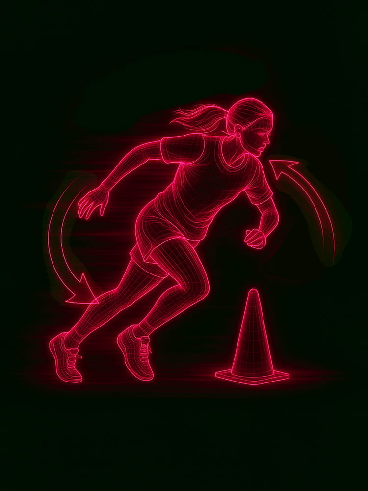 A neon wireframe illustration of a young female athlete performing a change of direction test