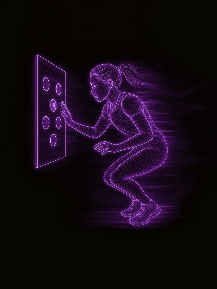 A neon wireframe illustration of a young female athlete performing a decision-making test where she chooses from various options