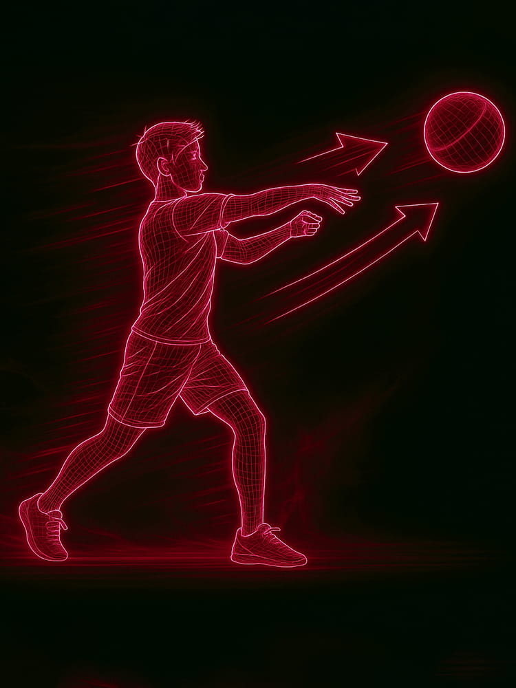 A neon wireframe illustration of a young male athlete throwing a medicine ball as far as he can from his chest in an upper body power test