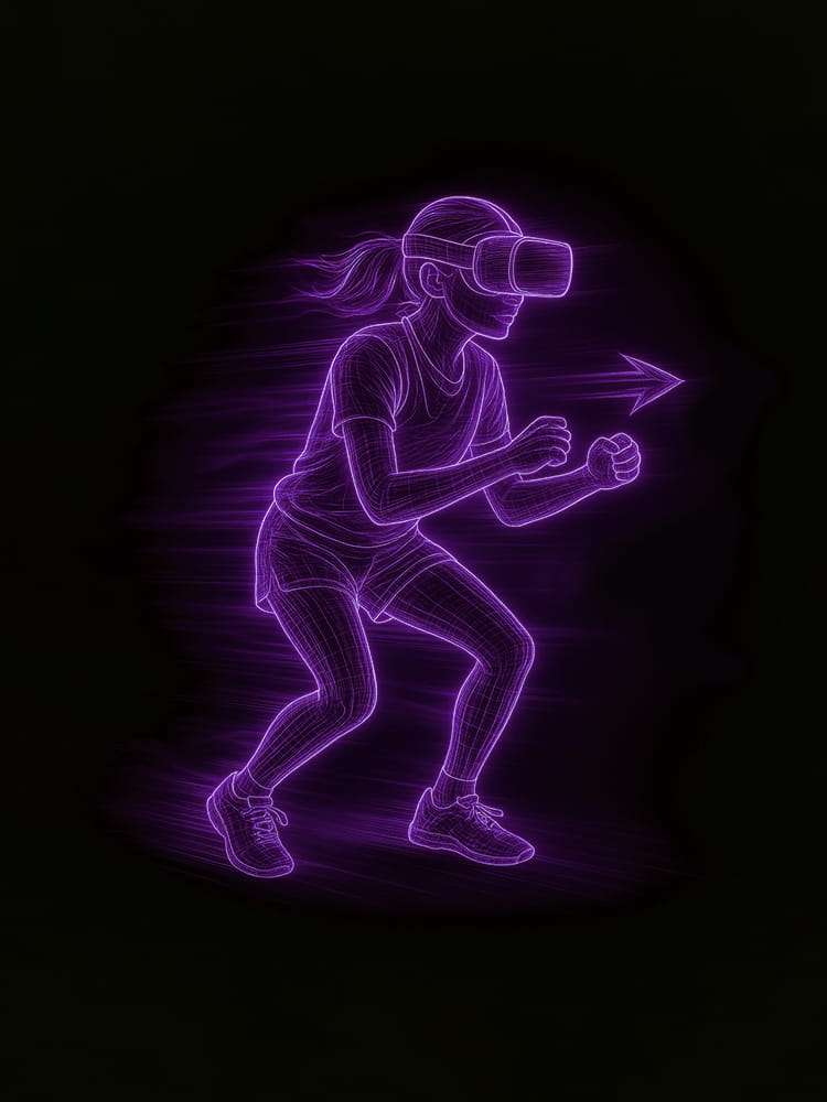 A neon wireframe illustration of a young female athlete in a athletic stance wearing a VR headset, performing a visual awareness assessment