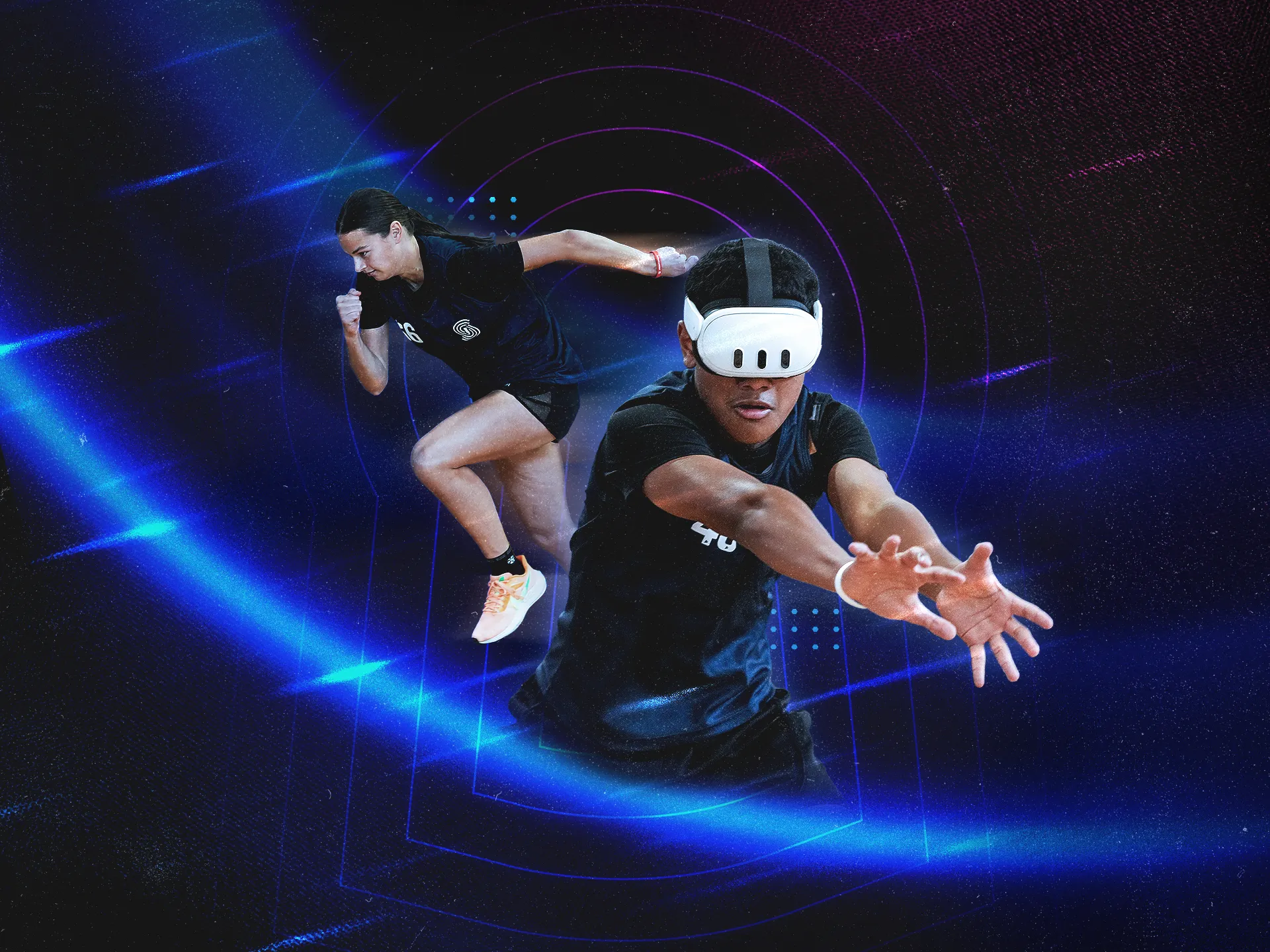 Two youth athletes in motion — one sprinting, one reaching forward wearing a VR headset — set against a glowing blue digital-grid background reflecting SportsKey's performance-tech aesthetic.