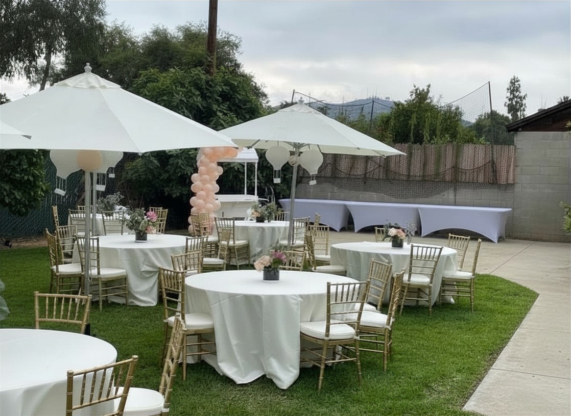 Elegant white tables and chairs setup