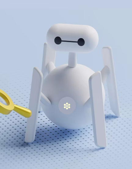 White robot with four legs and a horizontal black line connecting two round eyes on a blue dotted surface.
