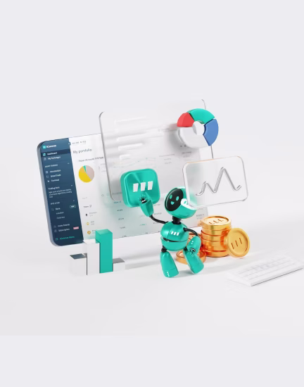 Small green robot interacting with digital financial charts and stacks of gold coins.