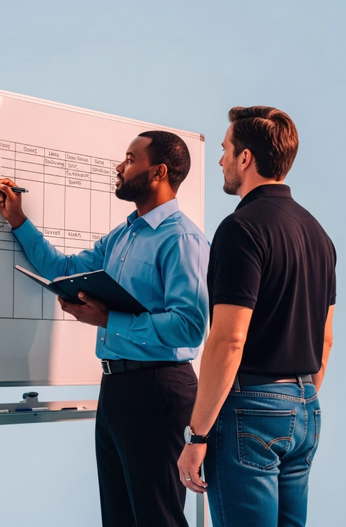 Two men at whiteboard, one writing with marker, the other watching during a discussion.