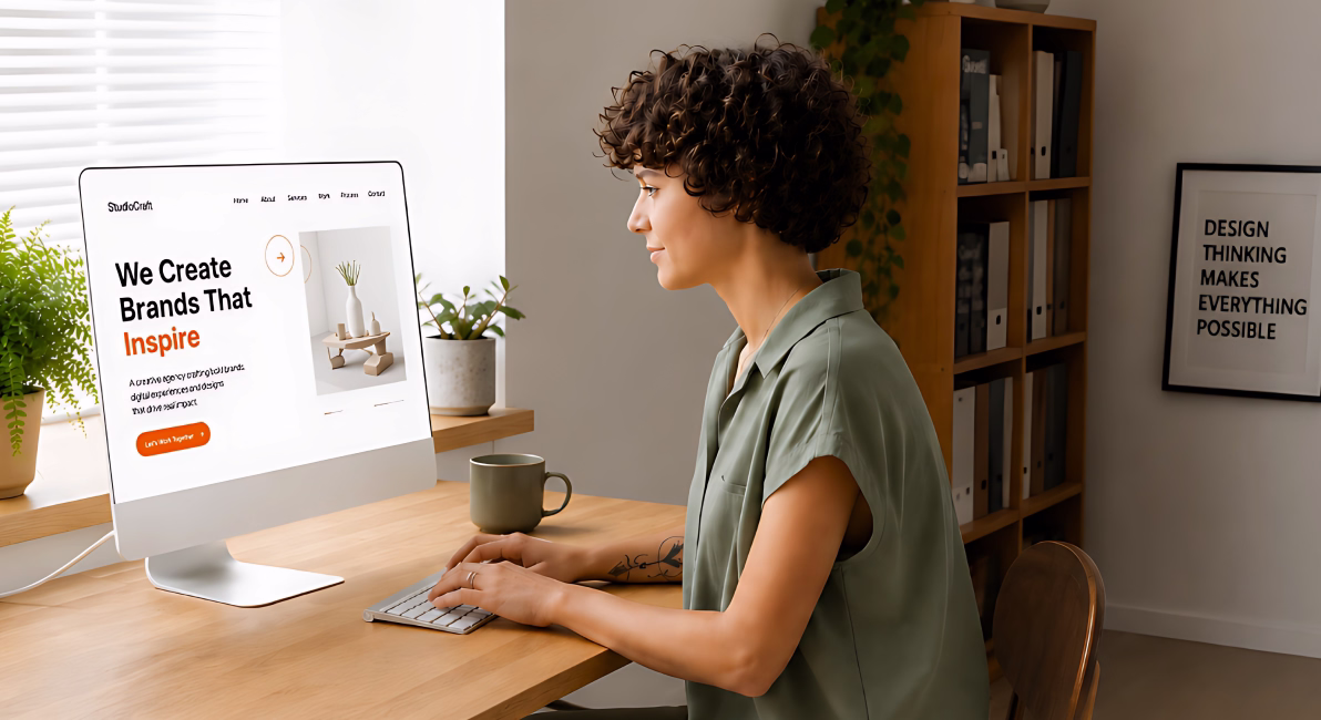 Person with curly hair working on a computer at a wooden desk with plants and shelves nearby.