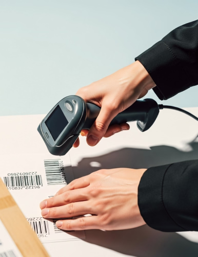 Hands scanning a barcode with a handheld barcode scanner over a white surface with multiple barcodes.