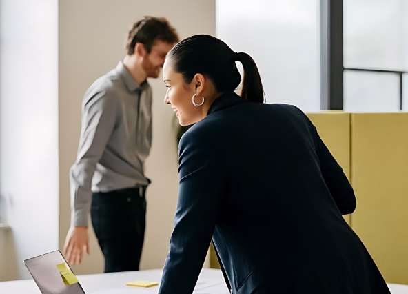 Woman in a ponytail leans on a desk smiling at a laptop while a man stands blurred in the background.