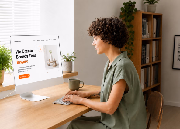 Person in green shirt typing on keyboard at desk with computer displaying brand design website.