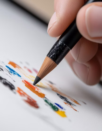 Close-up of hand holding a brush painting colorful strokes on white paper.