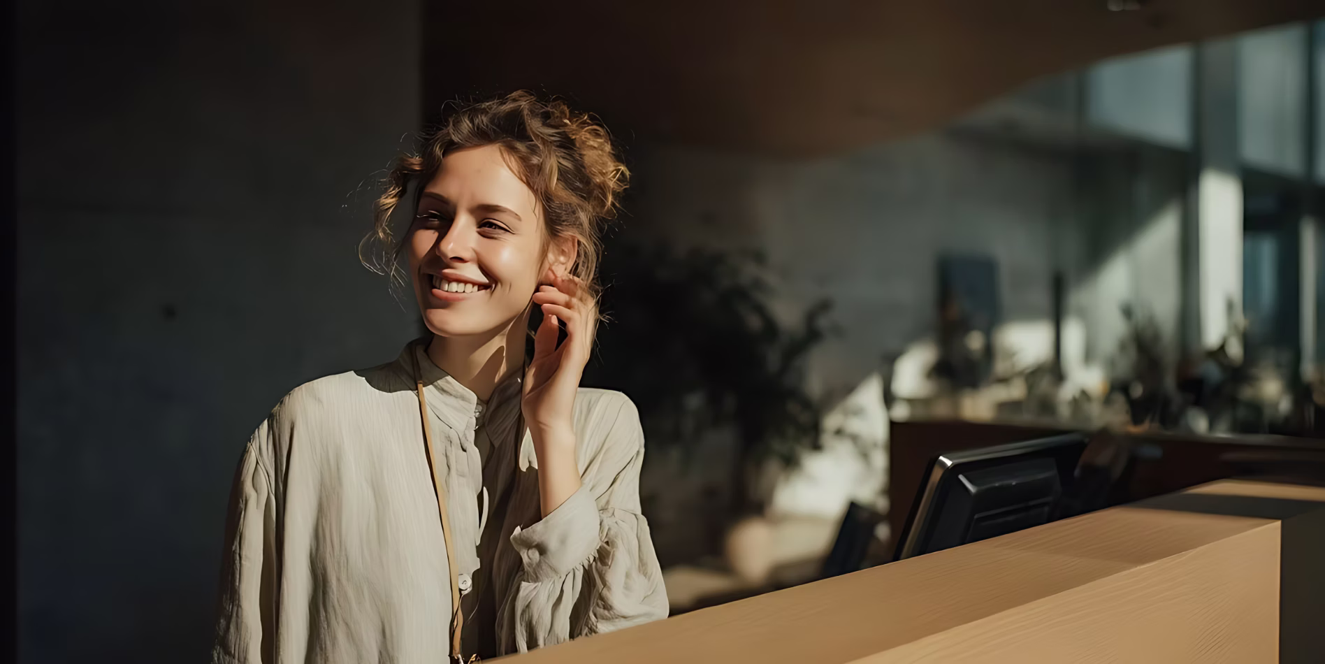 Smiling woman with curly hair standing behind a wooden reception desk in a modern office.