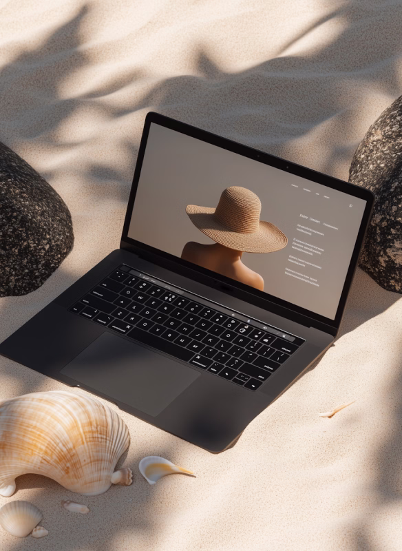 Black laptop on sand with shadows, displaying a woman wearing a large straw hat on screen, seashells nearby.