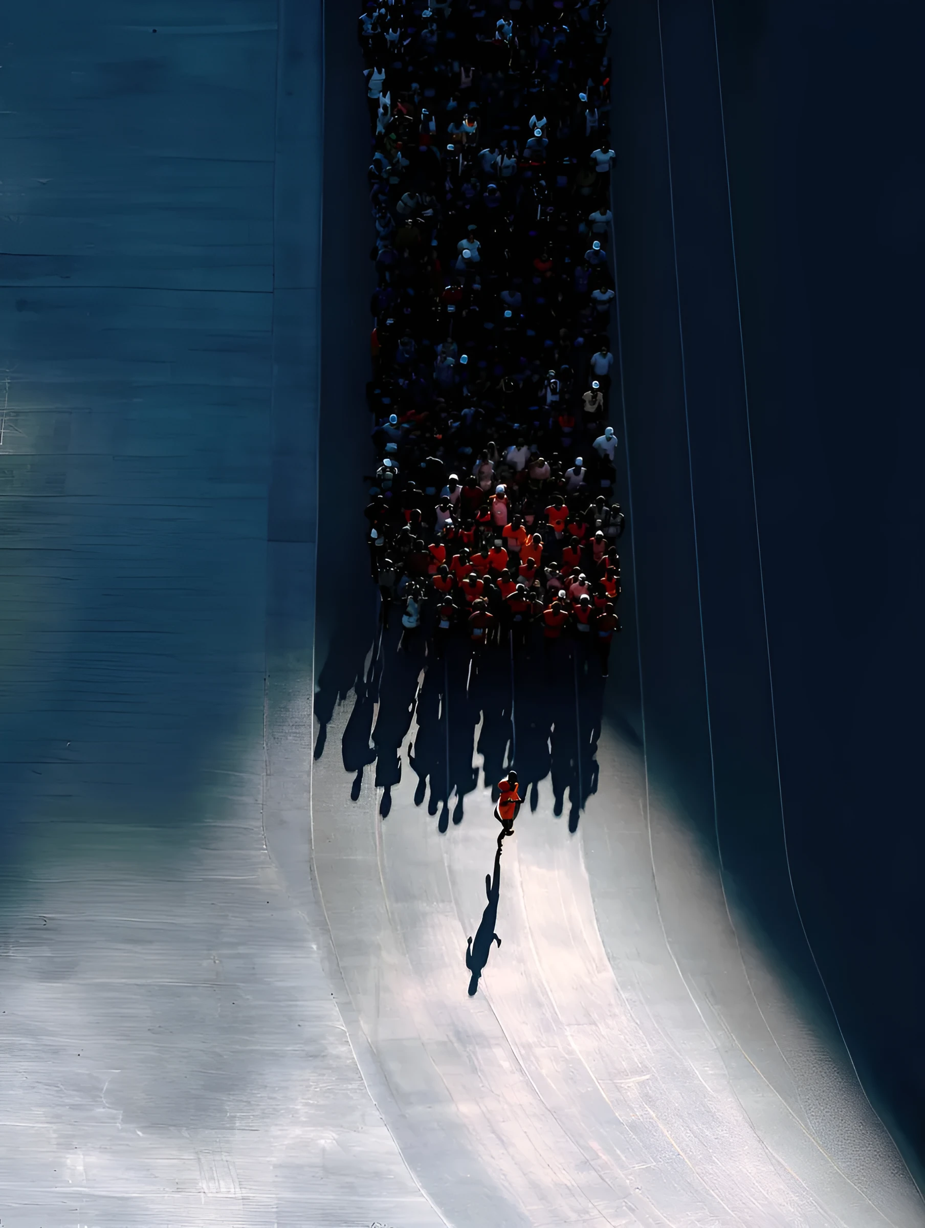 Aerial view of runners on a long curving road