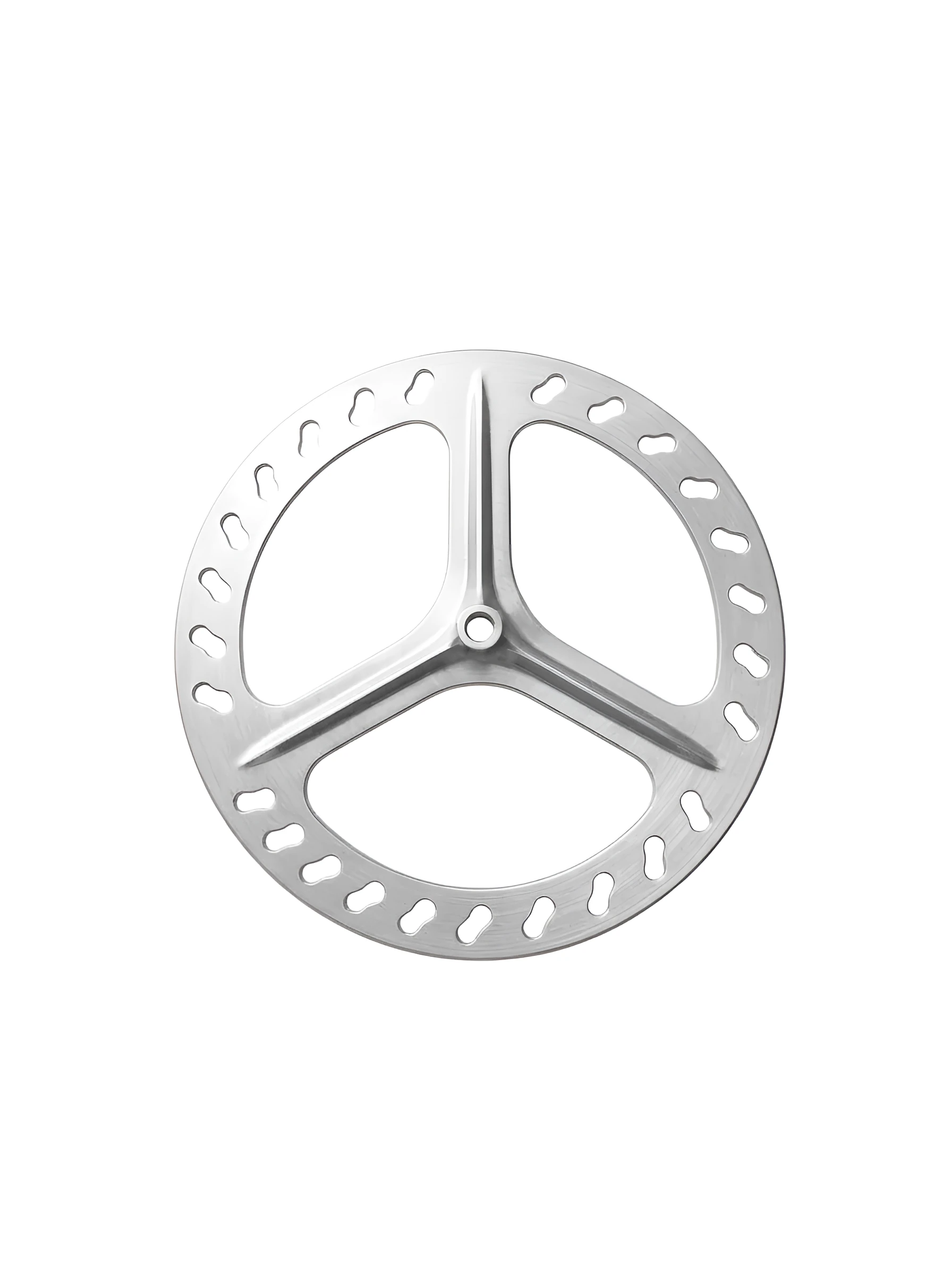Machined disc component floating on a white background
