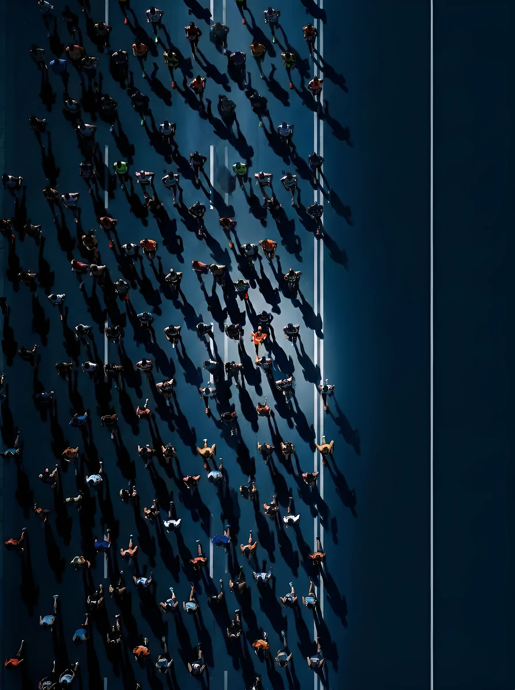 Aerial view of a large crowd of runners moving together