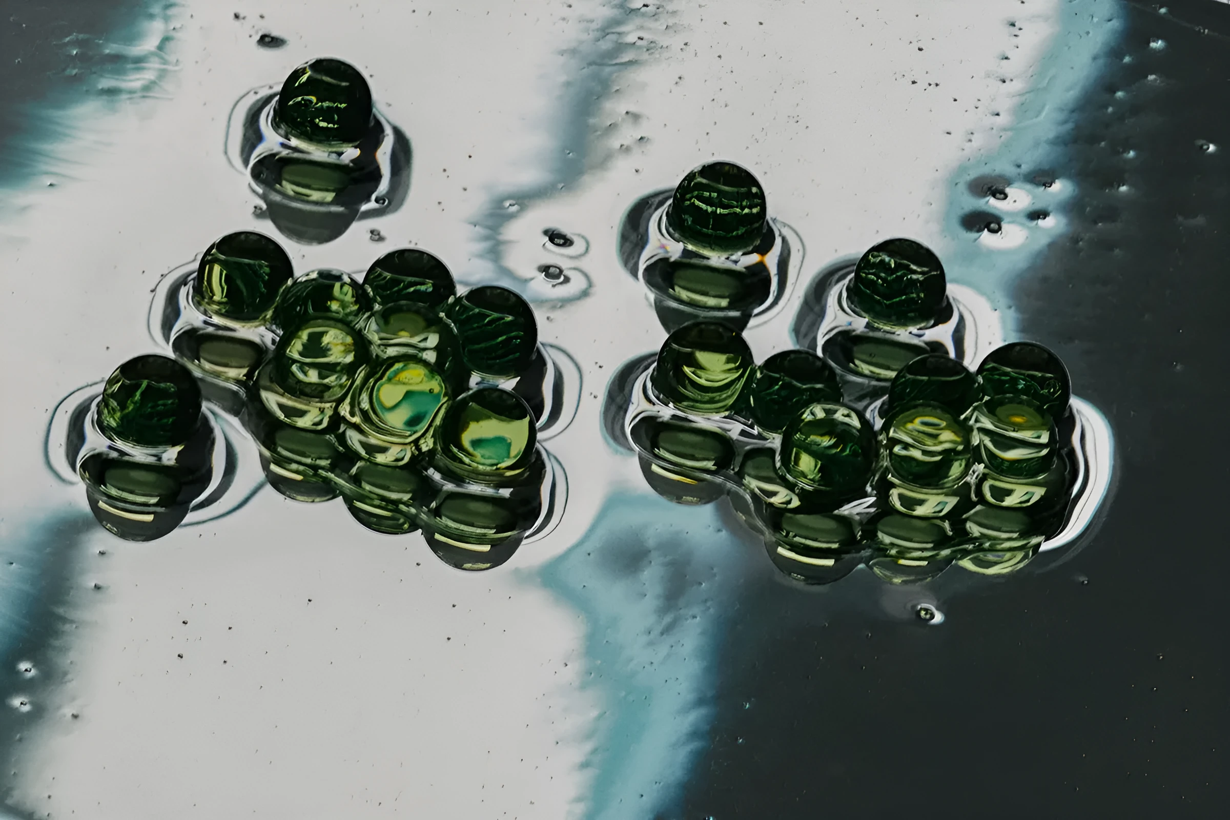 Green glass beads settled in shallow liquid, representing a campaign that has reached a stable state