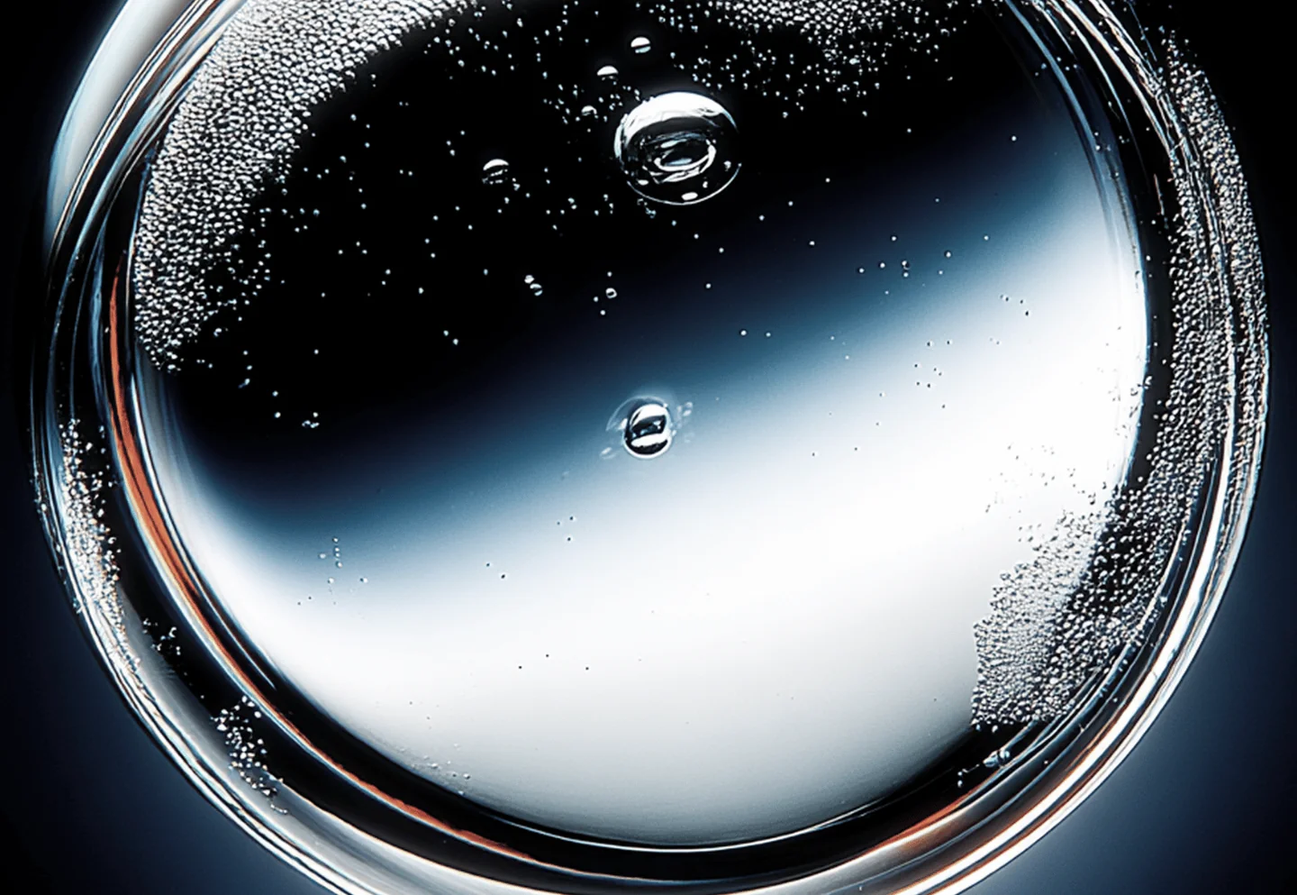A clear glass sphere with droplets on a dark surface