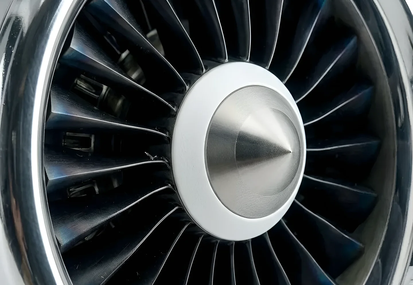 Close-up of a jet engine turbine fan