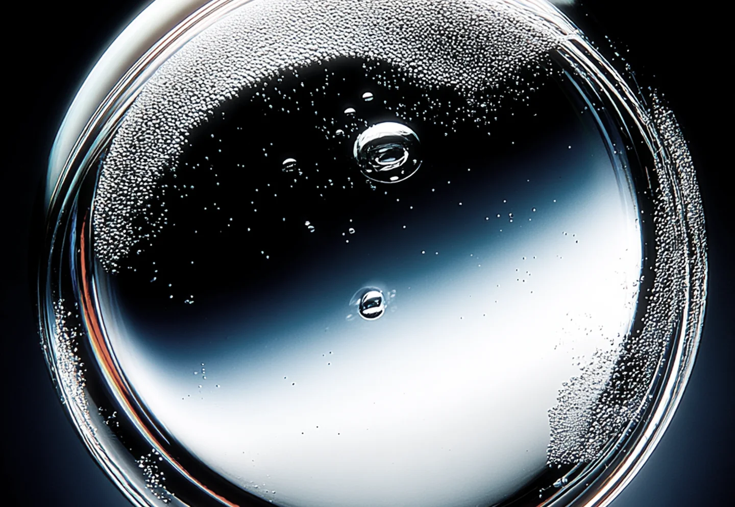 A clear glass sphere catching the light on black