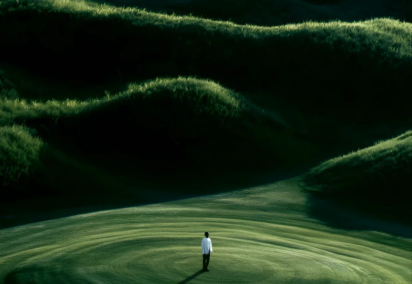 Lone figure walking across sculpted green hills