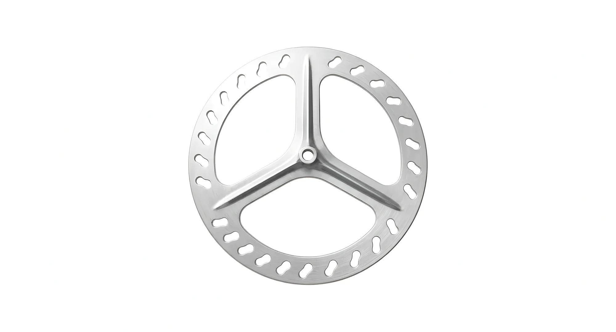 Machined disc component floating on a white background