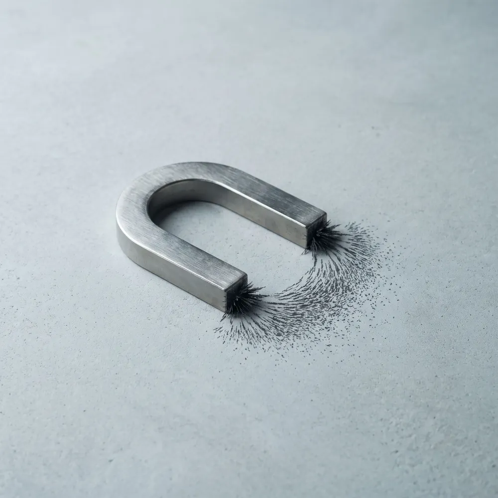 A steel horseshoe magnet drawing an arc of iron filings