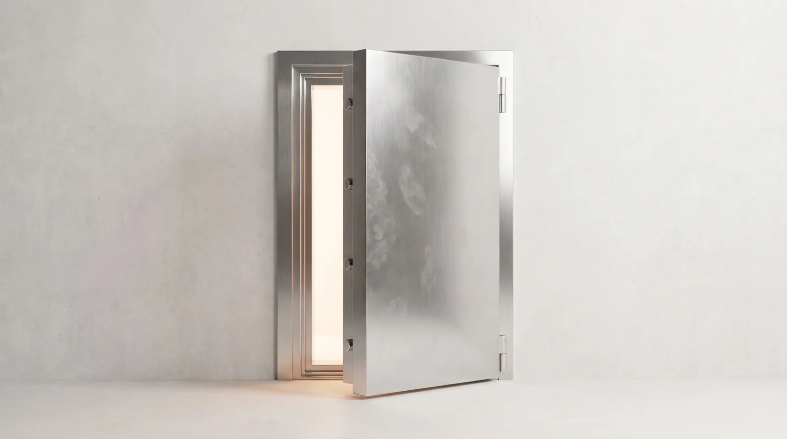 Steel vault door slightly open with soft light inside