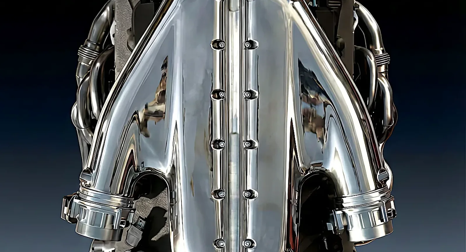 Chrome engine block on a dark background