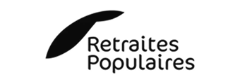 Logo du texte Retraites Populaires avec une flèche noire stylisée.