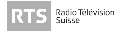 Logo RTS, Radio Télévision Suisse, avec texte en noir sur fond gris et blanc.