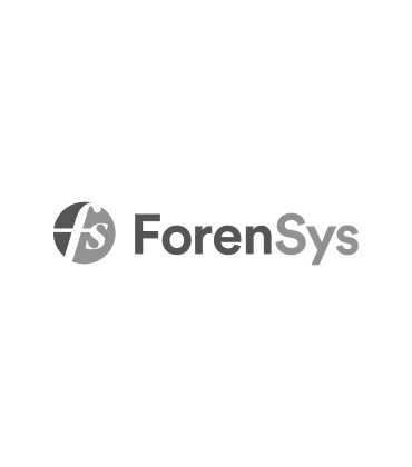 Logo ForenSys en texte et symbole stylisé en blanc sur fond noir.