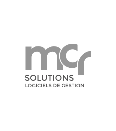Logo MCR Solution avec un design moderne en gris sur fond noir.