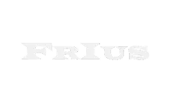 Logo blanc avec texte Frius sur fond noir.