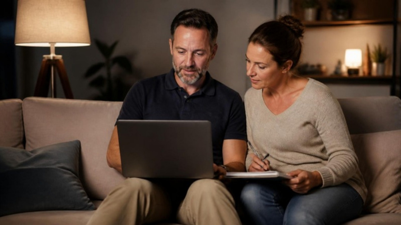 Couple on a sofa in the evening going through their finances on a laptop