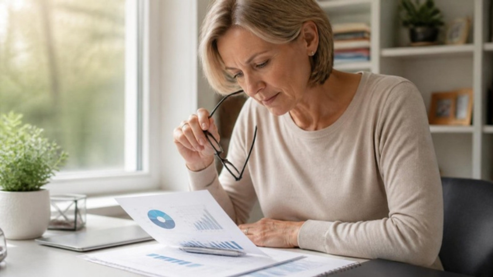 Woman reading a printed investment report at a desk by a window