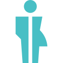 Gender-neutral restroom symbol combining traditional male and female shapes in teal color.