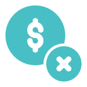 Black dollar sign symbol inside a teal circle with a smaller teal circle containing a black X symbol partly overlapping on the bottom right.