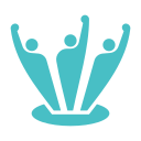 Three abstract human figures with raised arms standing on a curved base, symbolizing community or teamwork.