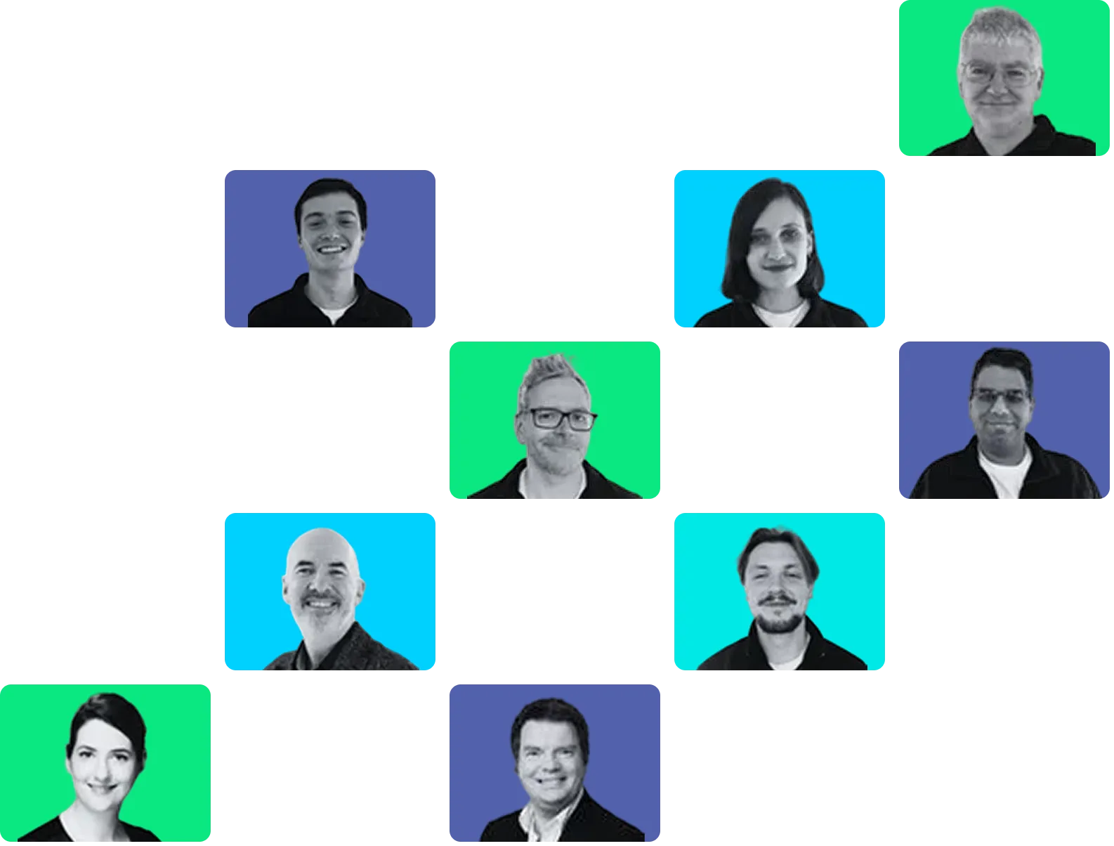 Grid of twelve diverse headshots with colorful blue and green backgrounds.