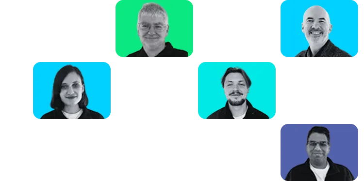 Black and white portraits of five diverse people with colorful rounded square backgrounds in blue and green.