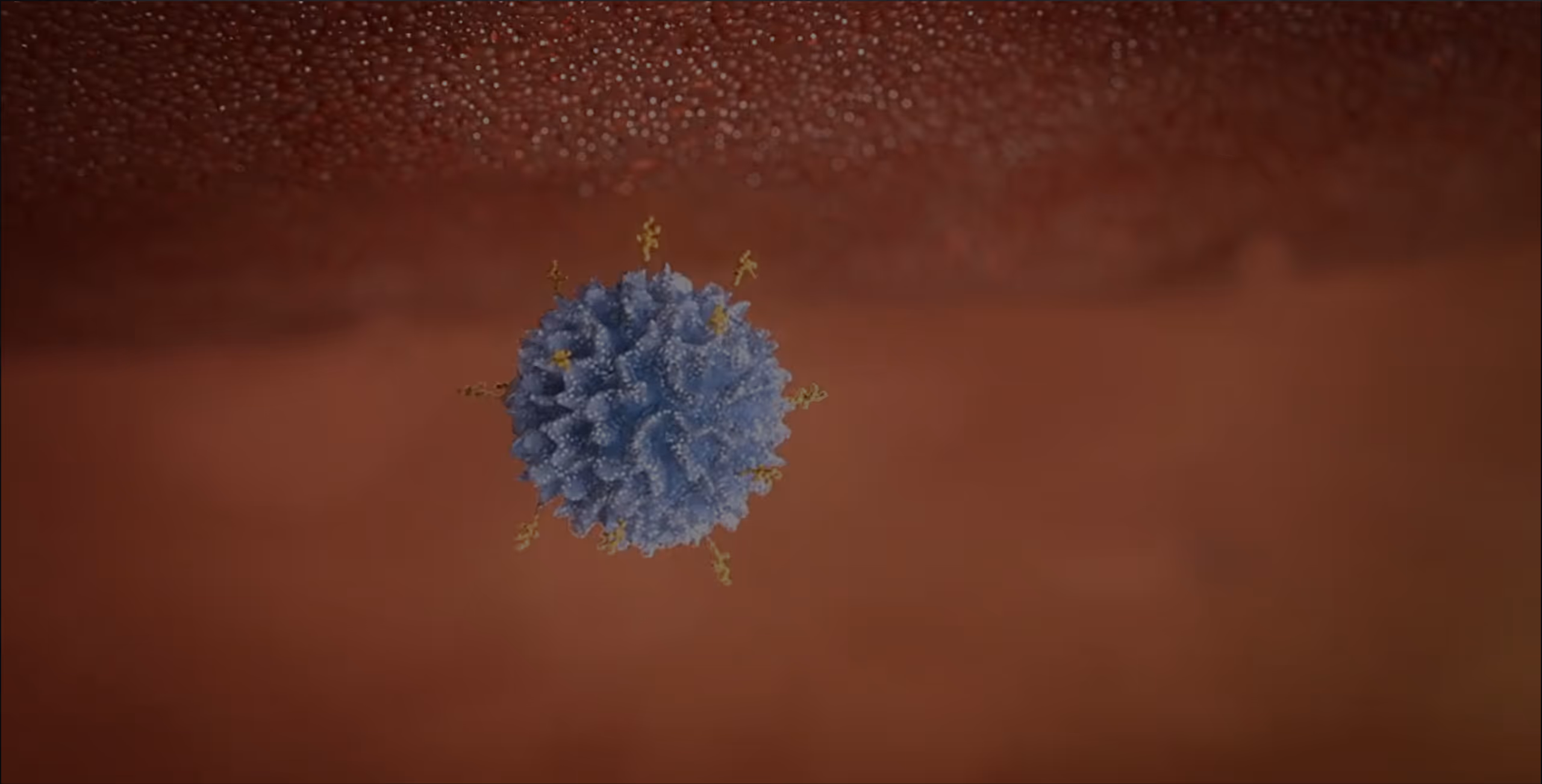 Blue 3D virus particle with golden spike proteins against a reddish textured background.